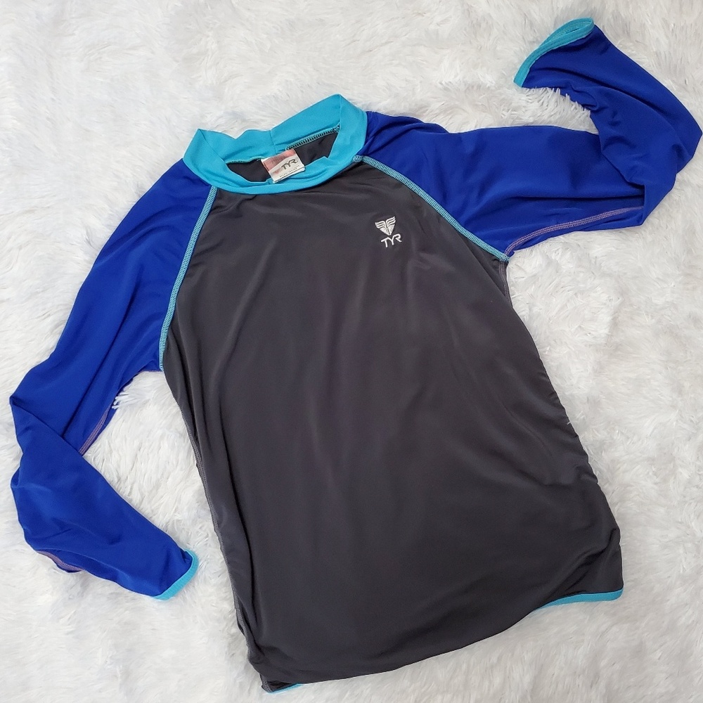 TYR UPF 50+ BOYS RASHGUARD BLUE & GRAY LONG SLEEVE SWIM TOP!